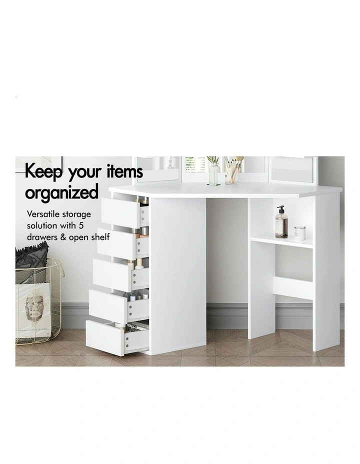 Tri-fold Stool Set Dressing Table in White image 3