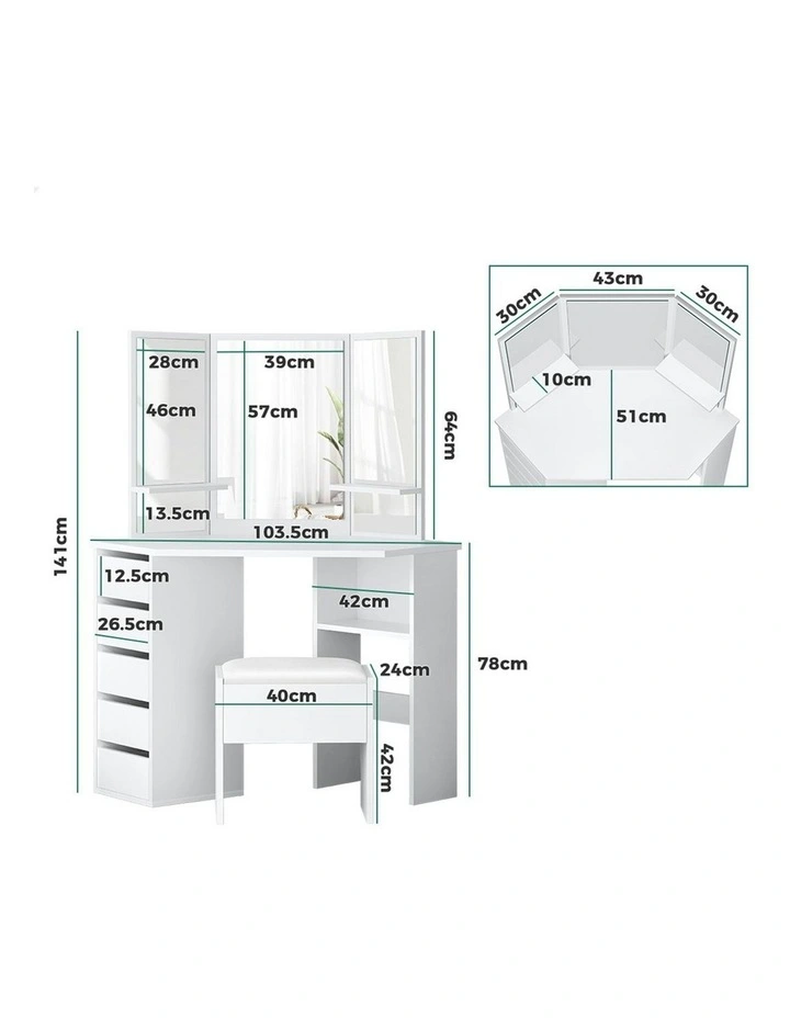 Tri-fold Stool Set Dressing Table in White image 4