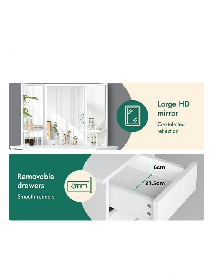 Tri-fold Stool Set Dressing Table in White image 5