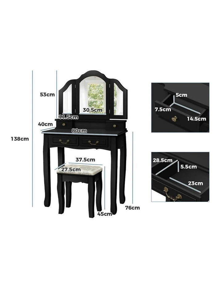 Foldable Stool Set Dressing Table in Black image 6