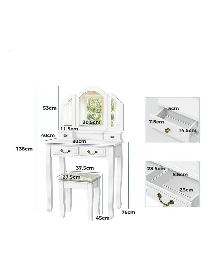 Foldable Stool Set Dressing Table in White image 6