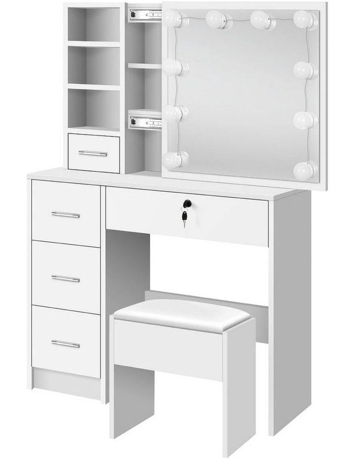 Mirror Bulbs Stool Set Dressing Table in White image 1