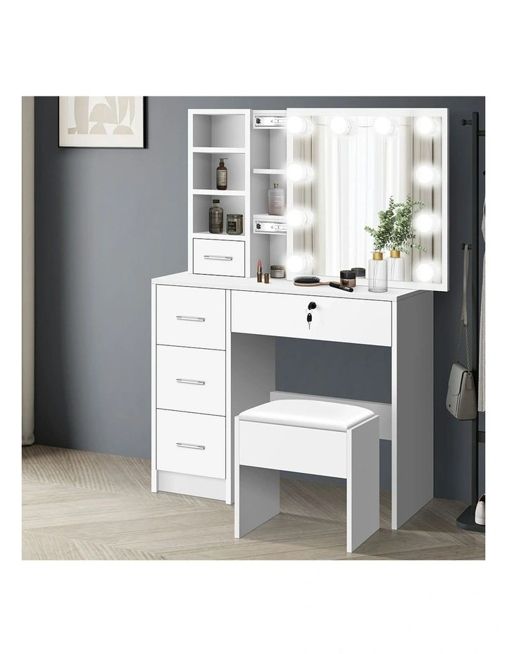Mirror Bulbs Stool Set Dressing Table in White image 2