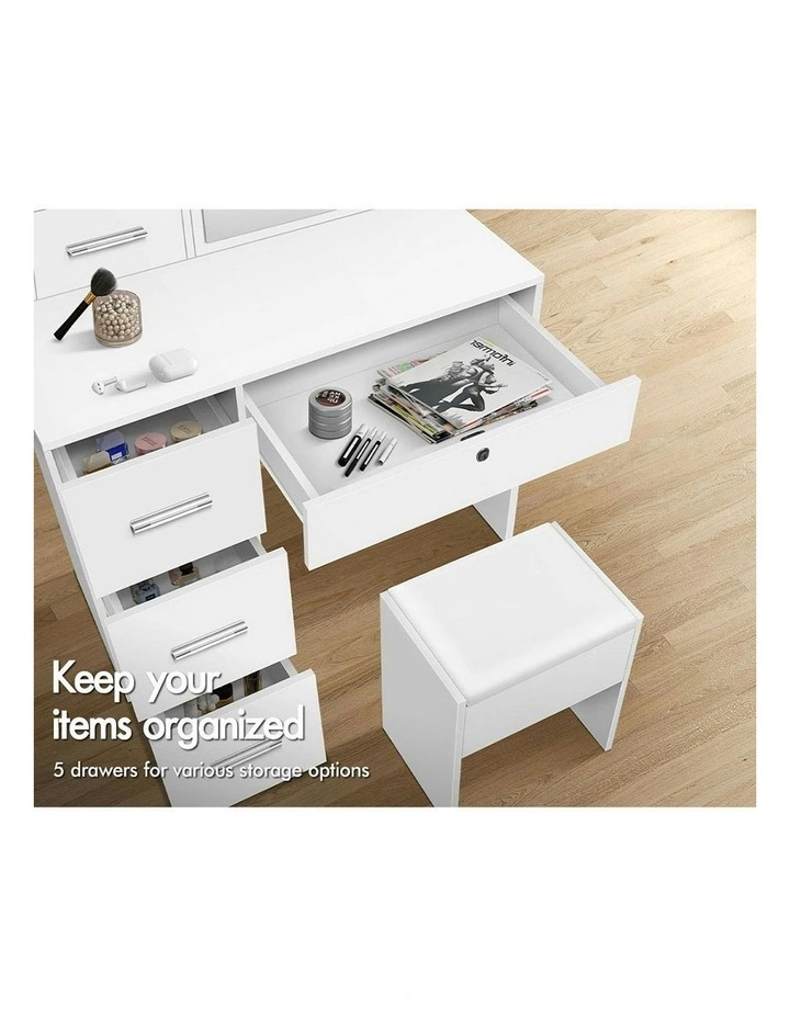 Mirror Bulbs Stool Set Dressing Table in White image 4
