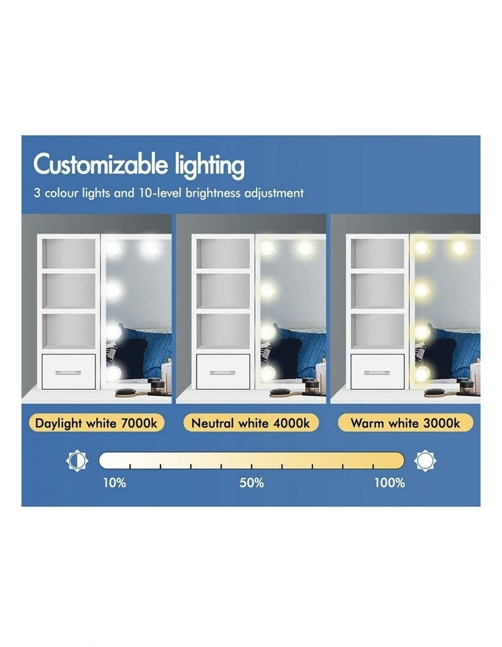 Mirror Bulbs Stool Set Dressing Table in White image 5