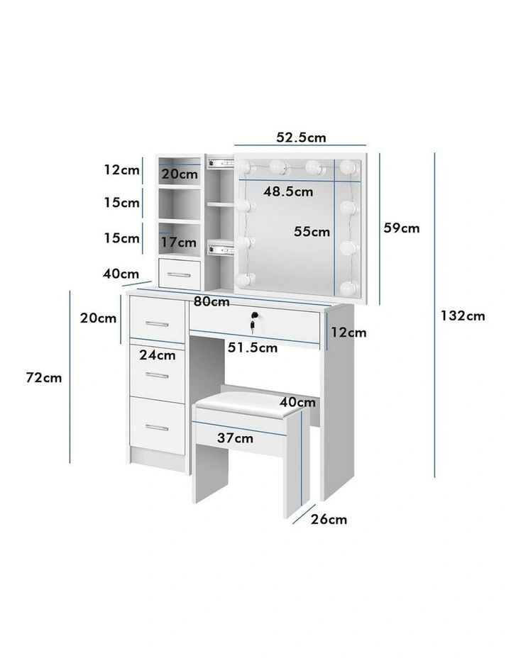 Mirror Bulbs Stool Set Dressing Table in White image 7