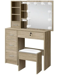 Mirror Bulbs  Stool Set Dressing Table in Oak