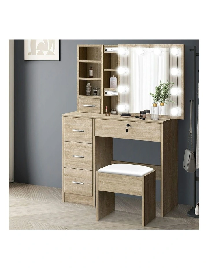 Mirror Bulbs  Stool Set Dressing Table in Oak image 2