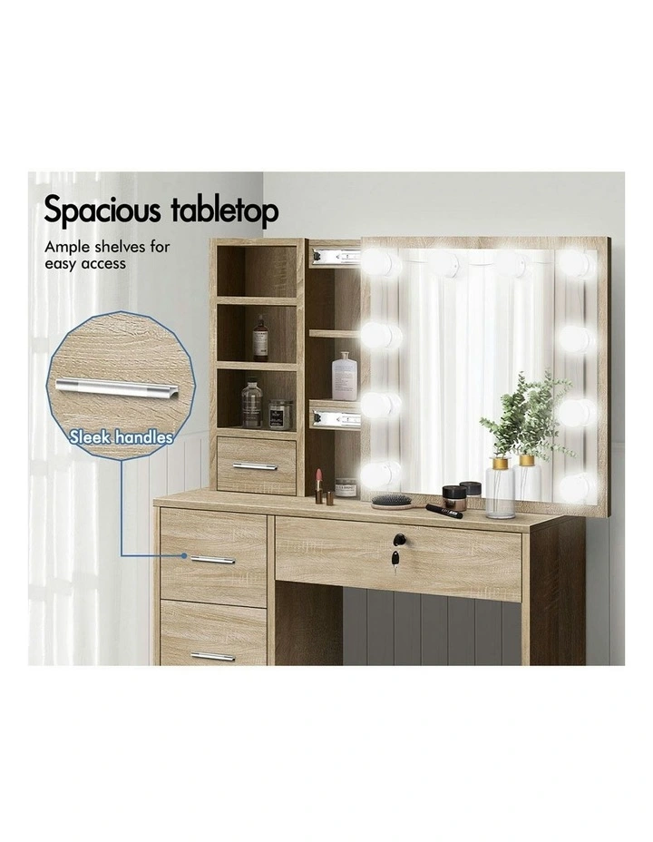 Mirror Bulbs  Stool Set Dressing Table in Oak image 3