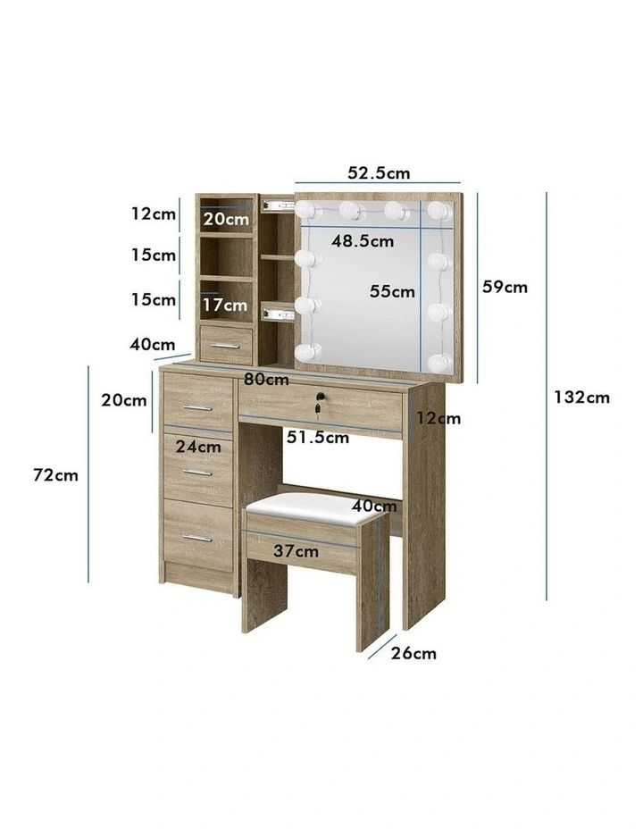 Mirror Bulbs  Stool Set Dressing Table in Oak image 6