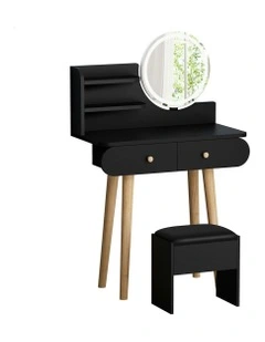 Makeup Mirror Vanity LED Light Stool Set Dressing Table in Black