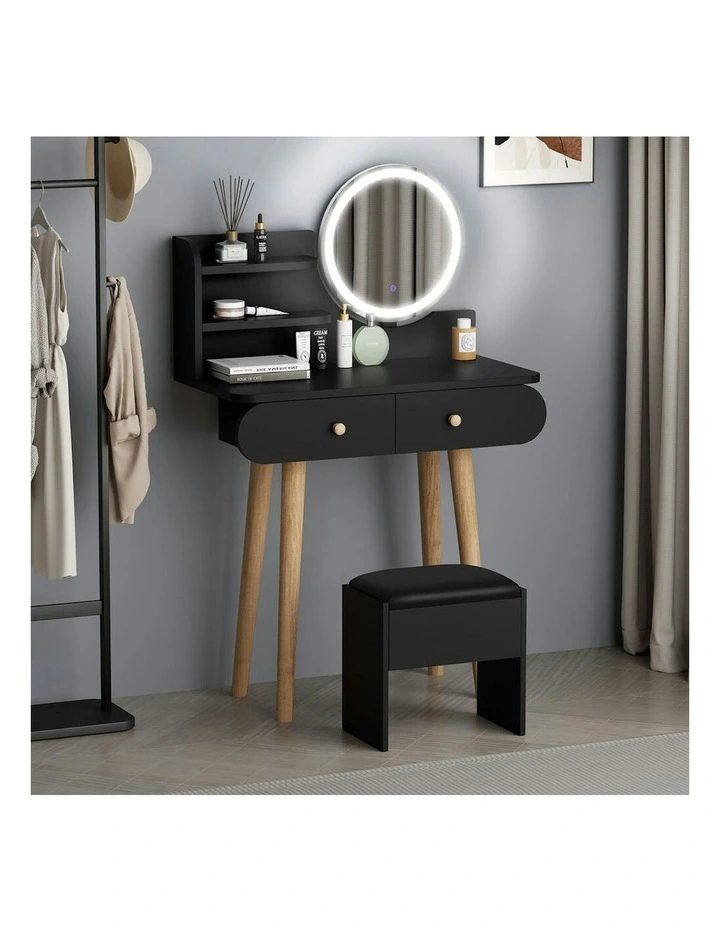 Makeup Mirror Vanity LED Light Stool Set Dressing Table in Black image 2