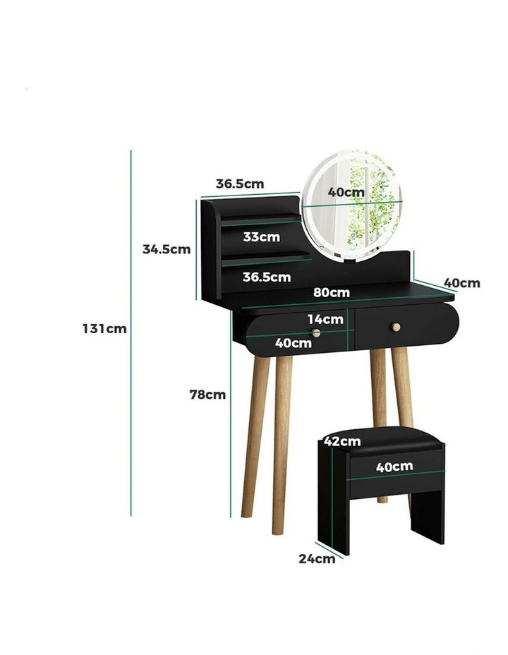 Makeup Mirror Vanity LED Light Stool Set Dressing Table in Black image 6