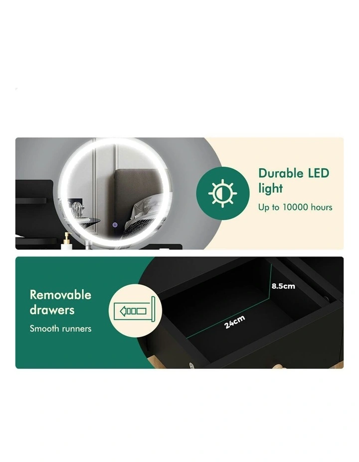 Makeup Mirror Vanity LED Light Stool Set Dressing Table in Black image 7