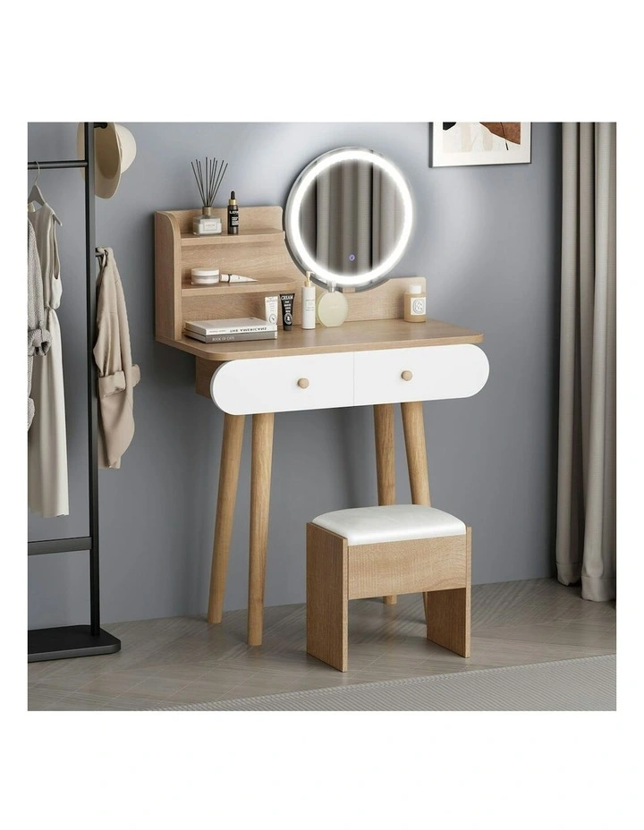 Makeup Mirror Vanity LED Light Stool Set Dressing Table in Wood image 2