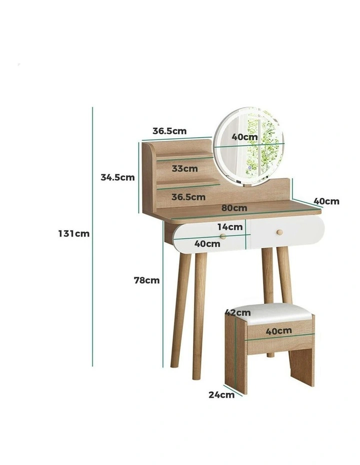 Makeup Mirror Vanity LED Light Stool Set Dressing Table in Wood image 6
