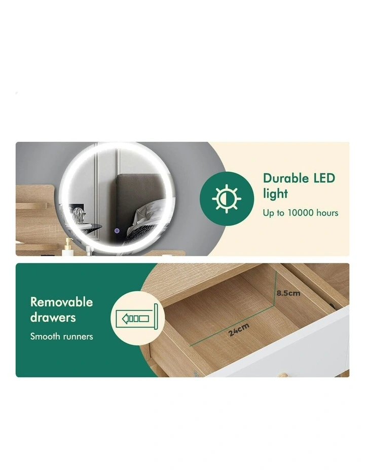 Makeup Mirror Vanity LED Light Stool Set Dressing Table in Wood image 7