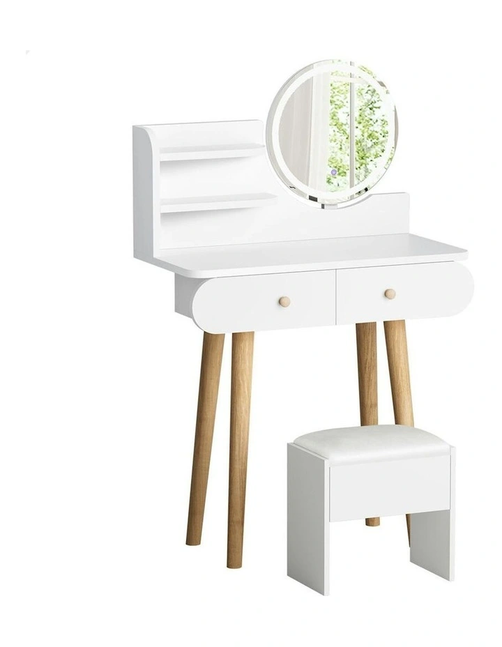 Makeup Mirror Vanity LED Light Stool Set Dressing Table in White image 1