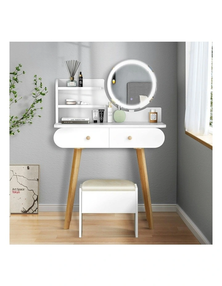 Makeup Mirror Vanity LED Light Stool Set Dressing Table in White image 2