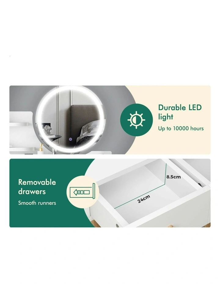 Makeup Mirror Vanity LED Light Stool Set Dressing Table in White image 6