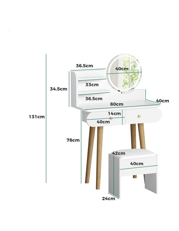 Makeup Mirror Vanity LED Light Stool Set Dressing Table in White image 7