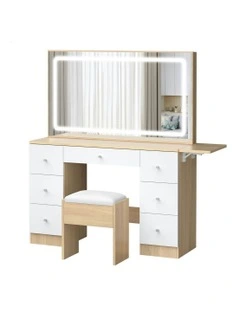 Makeup Mirror LED Vanity Desk Stool Set Drawers Dressing Table 7 in Wood