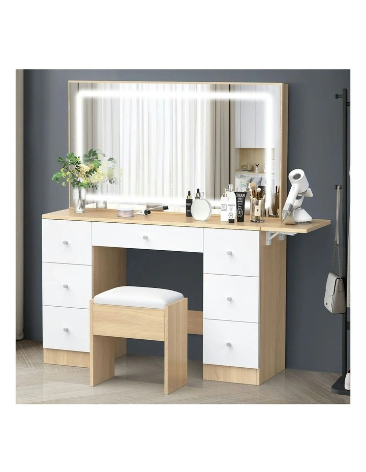 Makeup Mirror LED Vanity Desk Stool Set Drawers Dressing Table 7 in Wood image 2