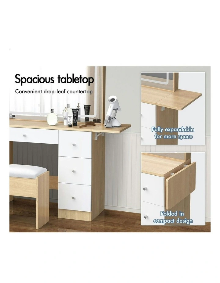 Makeup Mirror LED Vanity Desk Stool Set Drawers Dressing Table 7 in Wood image 3