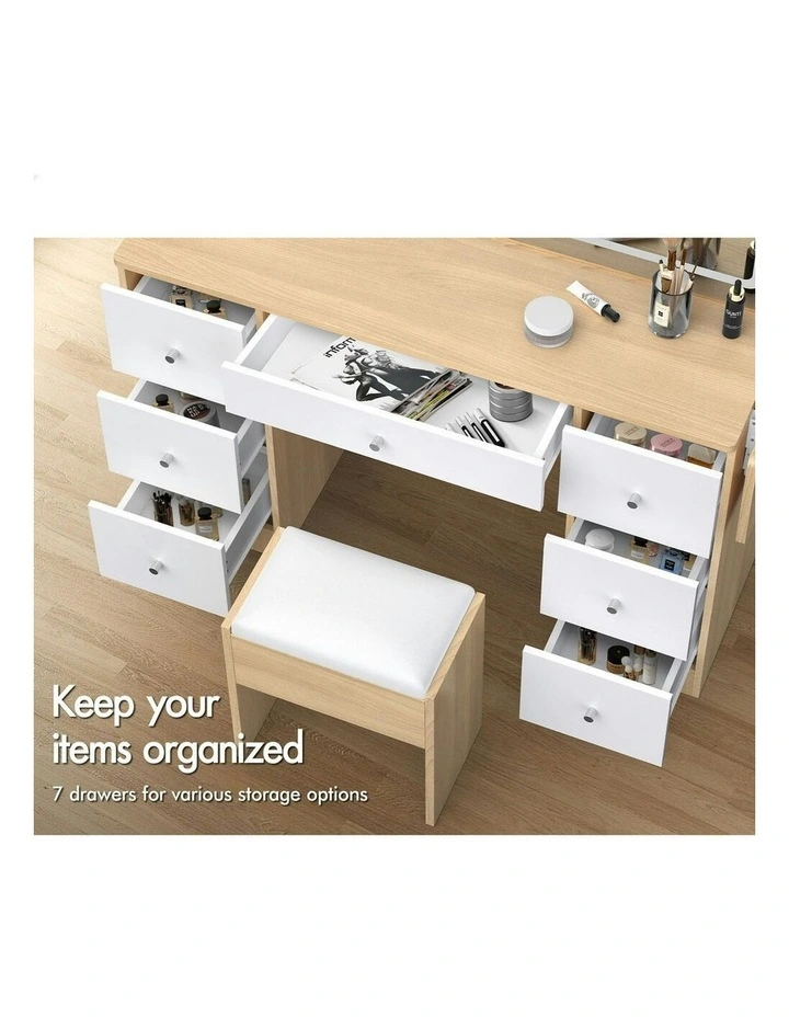 Makeup Mirror LED Vanity Desk Stool Set Drawers Dressing Table 7 in Wood image 4