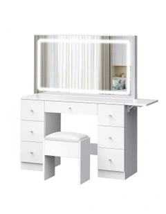 Makeup Mirror LED Vanity Desk Stool Set Drawers Dressing Table 7 in White