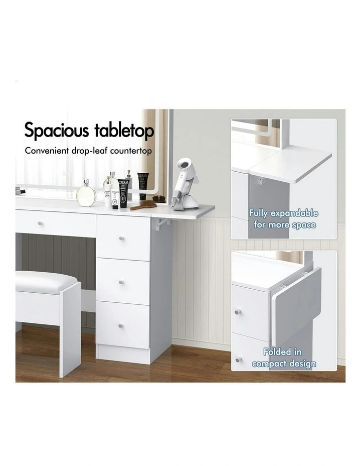 Makeup Mirror LED Vanity Desk Stool Set Drawers Dressing Table 7 in White image 3