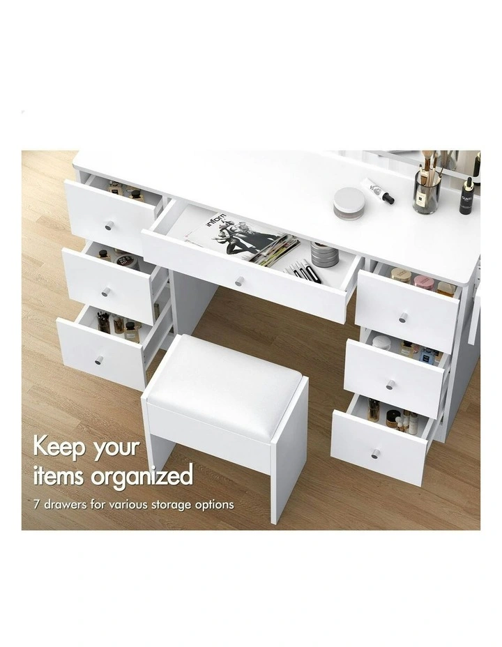 Makeup Mirror LED Vanity Desk Stool Set Drawers Dressing Table 7 in White image 4