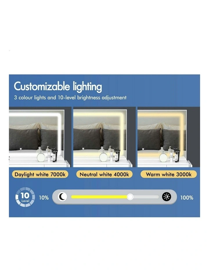 Makeup Mirror LED Vanity Desk Stool Set Drawers Dressing Table 7 in White image 5