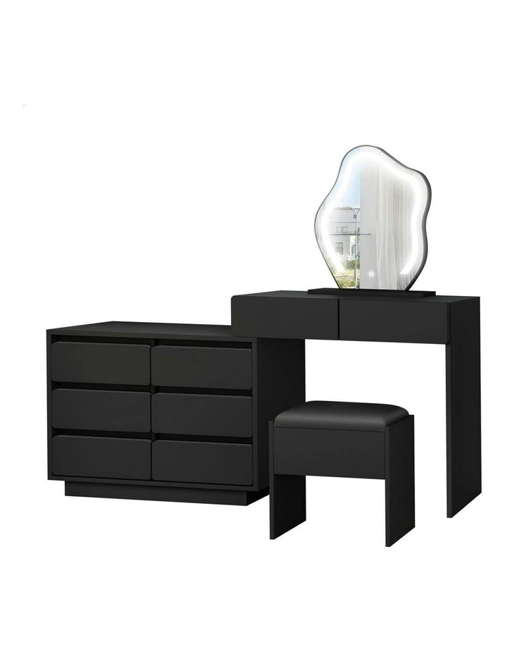 Makeup Mirror Desk LED Stool Set Drawers Dressing Table 8 in Black image 1