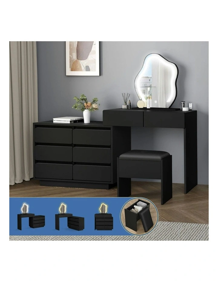 Makeup Mirror Desk LED Stool Set Drawers Dressing Table 8 in Black image 2