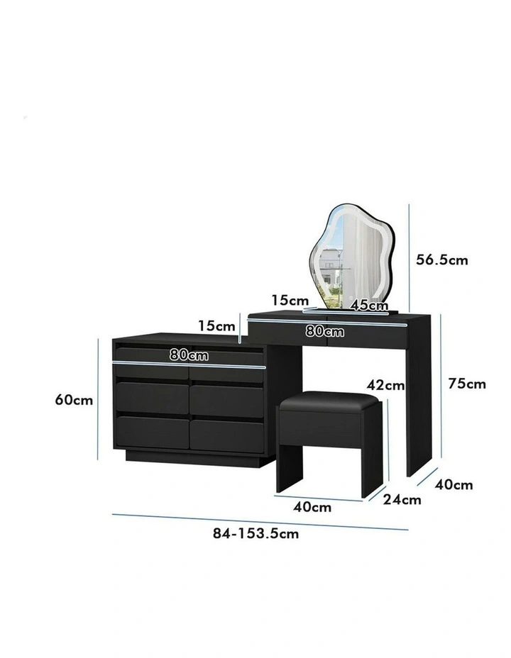 Makeup Mirror Desk LED Stool Set Drawers Dressing Table 8 in Black image 5