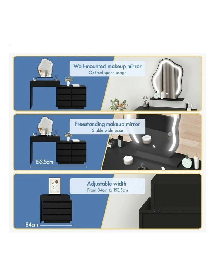 Makeup Mirror Desk LED Stool Set Drawers Dressing Table 8 in Black image 7