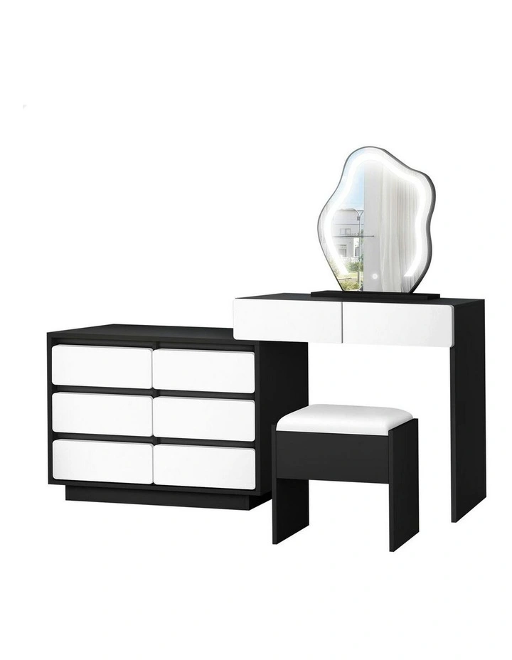 Makeup Mirror Desk LED Stool Set Drawers Dressing Table 8 in Black/White image 1