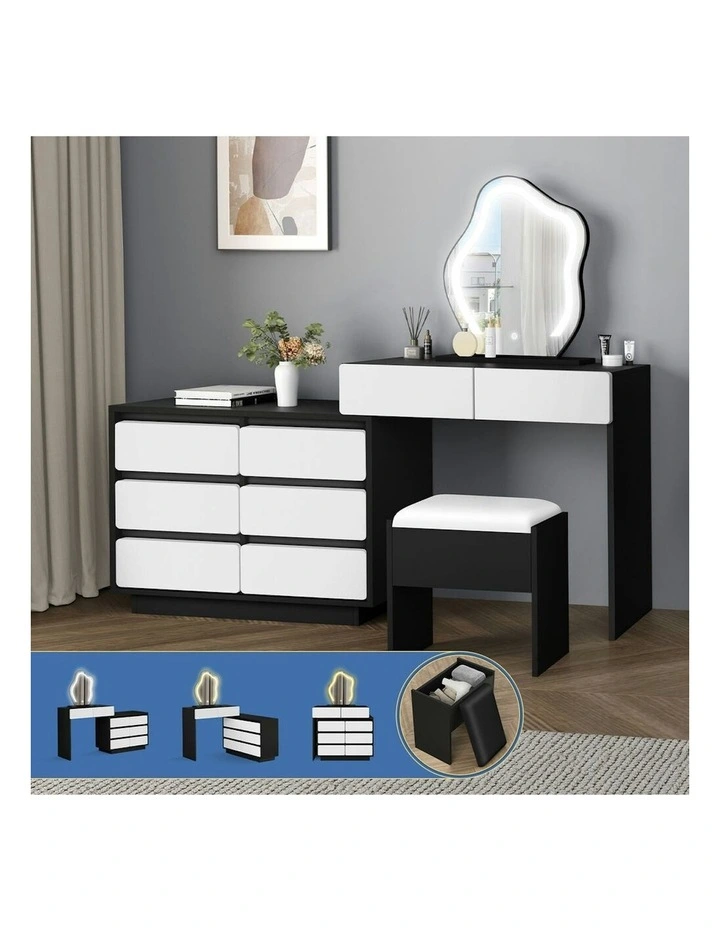 Makeup Mirror Desk LED Stool Set Drawers Dressing Table 8 in Black/White image 2