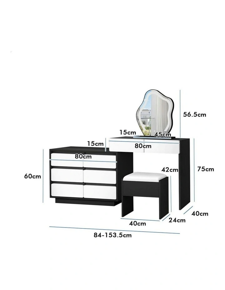 Makeup Mirror Desk LED Stool Set Drawers Dressing Table 8 in Black/White image 4