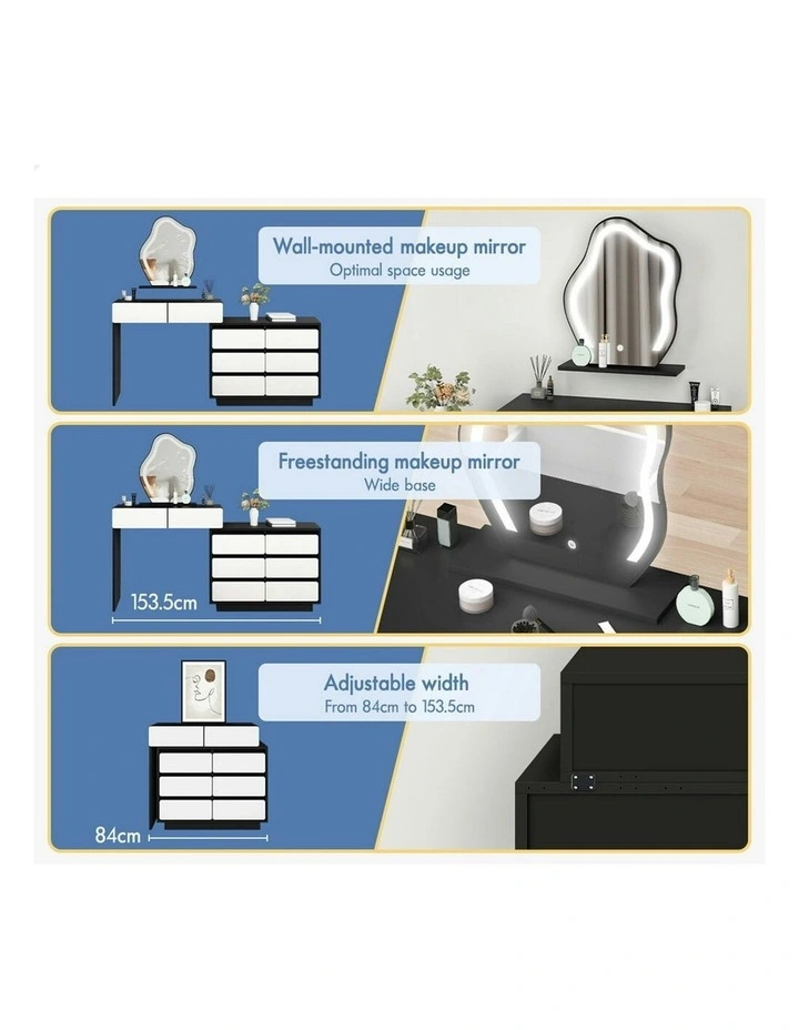 Makeup Mirror Desk LED Stool Set Drawers Dressing Table 8 in Black/White image 6