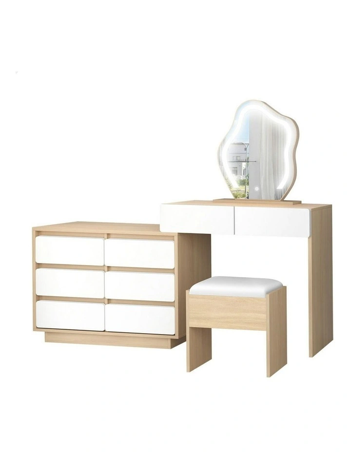 Makeup Mirror Desk LED Stool Set Drawers Dressing Table 8 in Oak image 1
