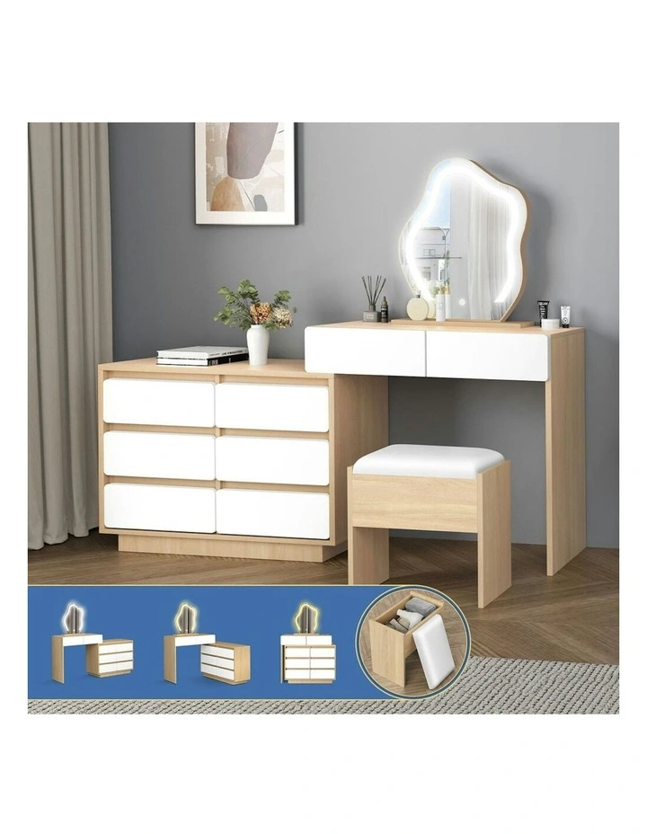 Makeup Mirror Desk LED Stool Set Drawers Dressing Table 8 in Oak image 2