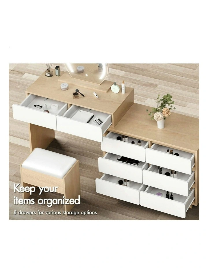 Makeup Mirror Desk LED Stool Set Drawers Dressing Table 8 in Oak image 3
