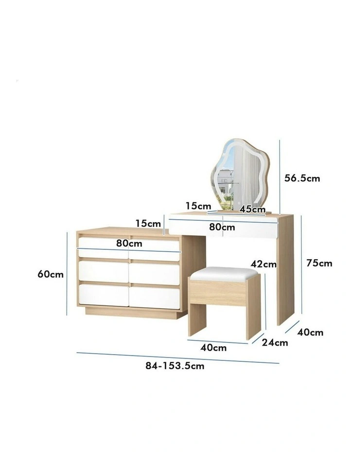 Makeup Mirror Desk LED Stool Set Drawers Dressing Table 8 in Oak image 5