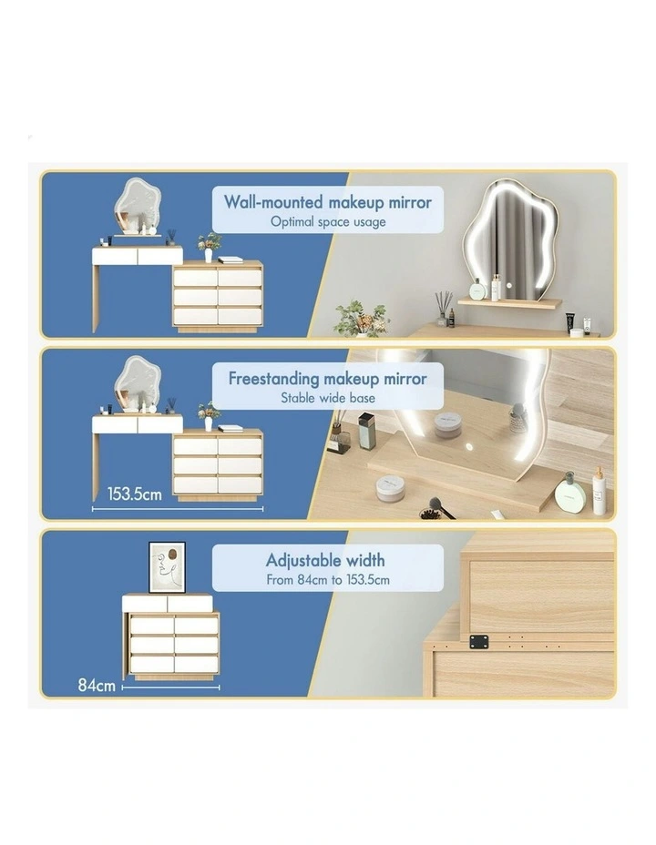 Makeup Mirror Desk LED Stool Set Drawers Dressing Table 8 in Oak image 7