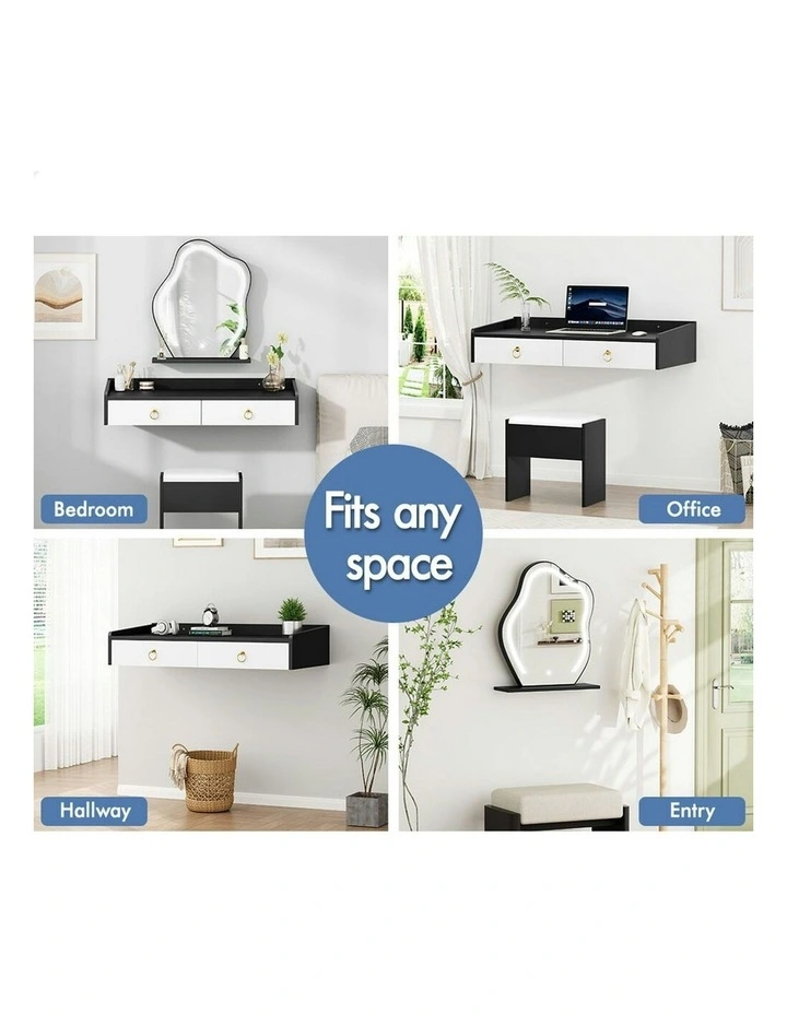 Makeup Mirror Vanity Desk LED Stool Floating Dressing Table in White image 3