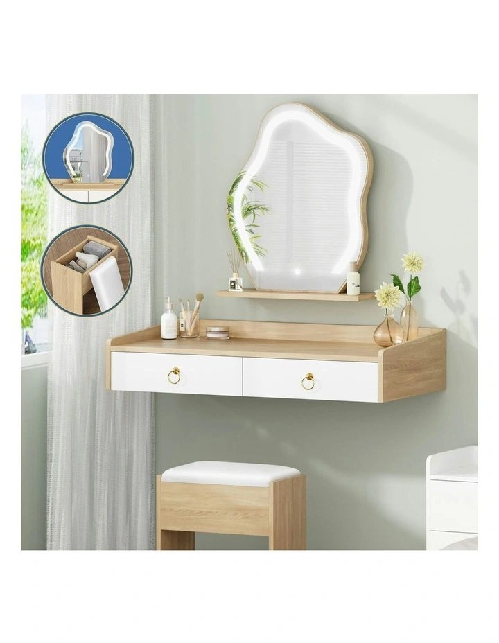 Makeup Mirror LED Vanity Desk  Stool Set Floating Dressing Table in Oak image 2