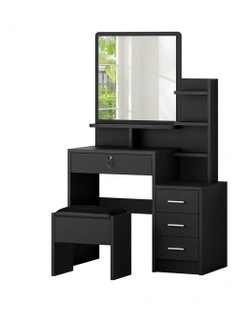 Makeup Mirror Cabinet Vanity Desk Dressing Table Stool Set in Black