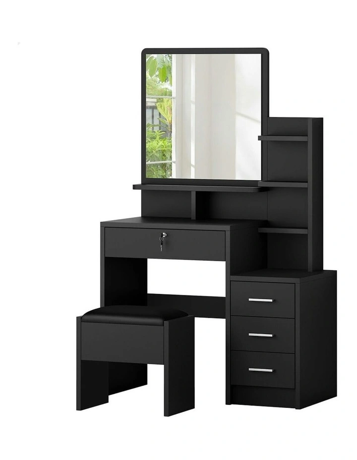 Makeup Mirror Cabinet Vanity Desk Dressing Table Stool Set in Black image 1
